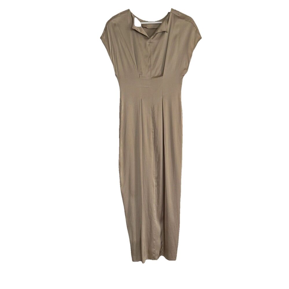 Golden-Beige Satin-like Midi V-neckline Short Sleeves Stretch Dress Sz XS Fits S - Picture 11 of 16